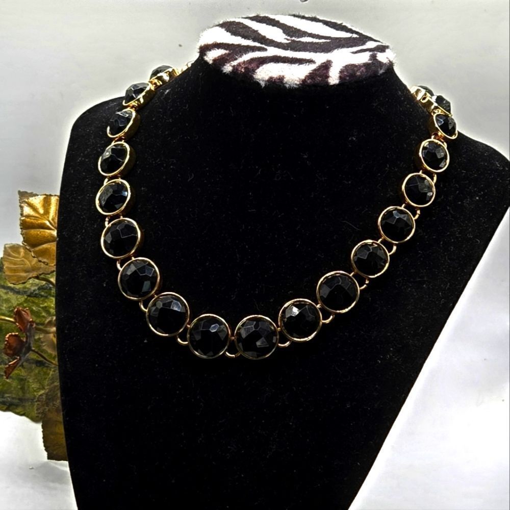 "5/$25" Black Faceted Bead Goldtone Graduated Adjustable Necklace
